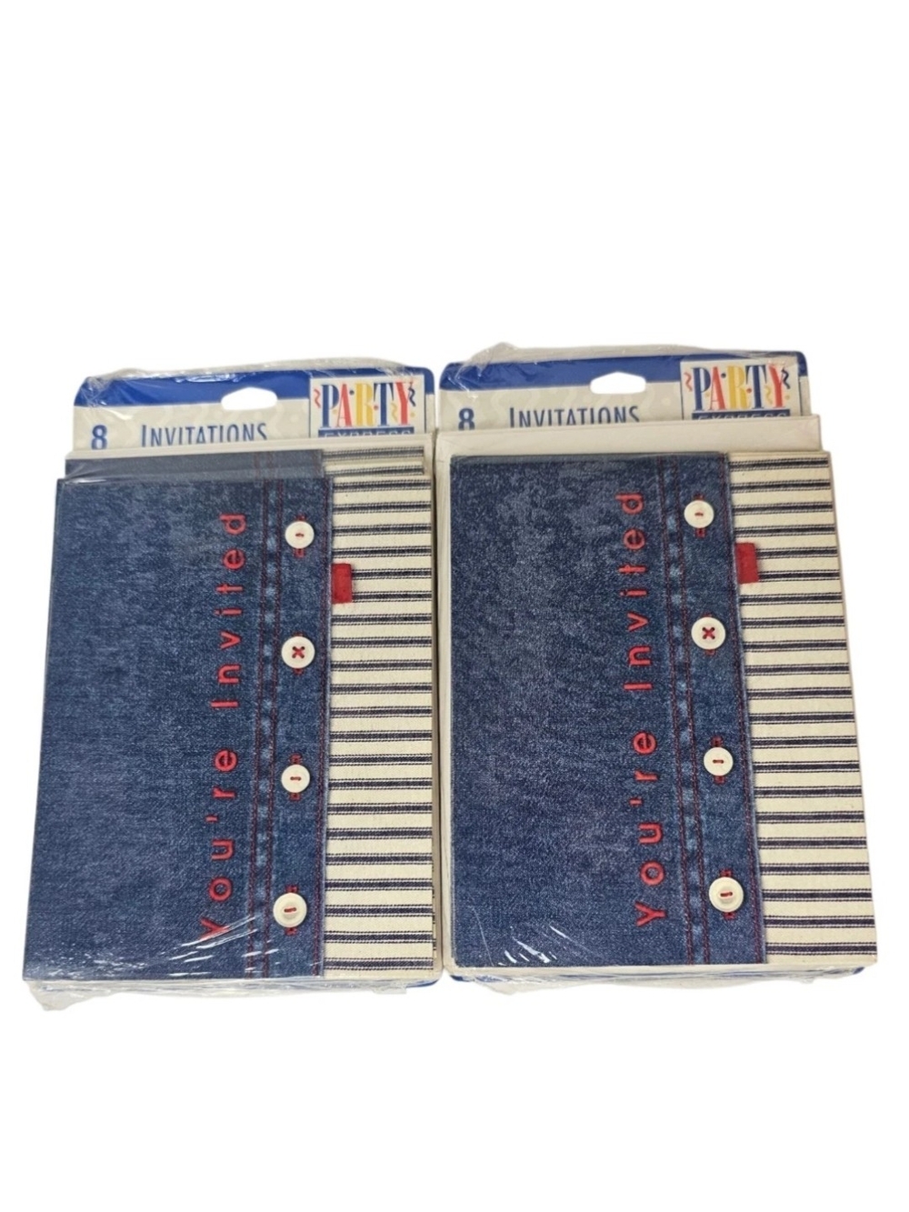 Hallmark Party Invitations Denim Jeans Pants Buttons Look 2 Pkg of 8 Cards Vtg